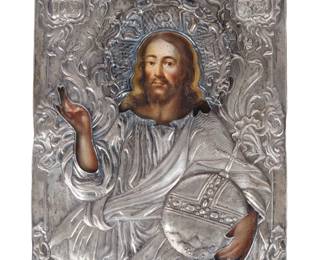 Lot 176: 1765 Russian Silver Oklad Icon of Jesus