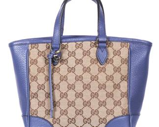 Lot 126: Gucci Blue Leather Monogram Canvas Bree Tote Bag