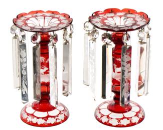 Lot 227: Pair Bohemian Ruby Cut to Clear Luster Candlesticks