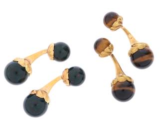 Lot 124c: Two Pair European 18k Gold & Stone Cufflinks