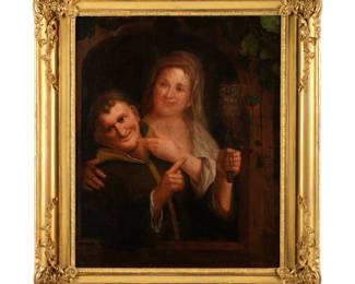 Lot 201: Dutch Old Master Style Man Woman & Owl Painting
