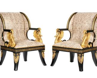 Lot 51: Pair Empire Style Carved Ebonized Parcel Gilt Chairs