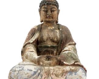 Lot 142: Large Chinese Carved Polychrome Figure of Buddha