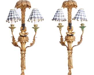Lot 250: Pair Italian Carved Gilt Wood Figural Sconces