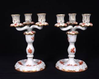 Lot 225: Pair Herend Rust Fortuna Three Arm Candelabra