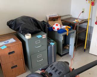 Filing cabinets, shop vac, vintage luggage