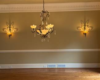 Dining room, chandelier, and wall sconces. Super low price. Must leave a message and I will have available for you to view.