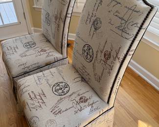 2 Parson chairs, French Fabric, also two identical black ones.