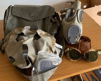 Gas mask and WWI fur lined aviator goggles