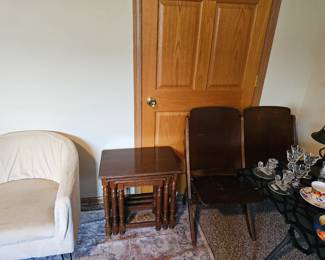 Folding bench seats, nesting tables, a cute retro chair