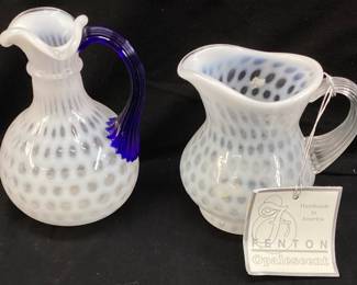 (2) FENTON FRENCH OPAL COIN DOT CRUET & PITCHER, 7in