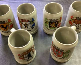 (6) GERMAN CITY STEINS, STAMPED WEST GERMANY, FRANKFURT, MÜNCHEN, HEIDELBERG, STUUTGART, BERLIN & ROLN