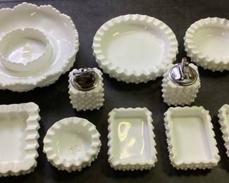 FENTON HOBNAIL MILK GLASS TABLE LIGHTERS & ASHTRAY GROUP