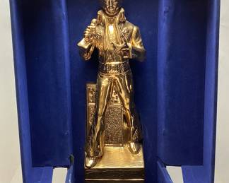 1977 BOXCAR ENTERPRISES ELVIS GOLD THE ULTIMATE TRIBUTE DECANTER, EMPTY, WITH BOX