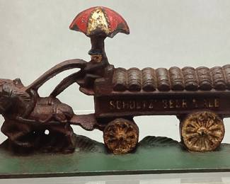 VTG. CAST IRON SCHULTZ BEER & ALE DOORSTOP, 8in L