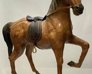 VTG. LEATHER HORSE & SADDLE FIGURINE, 13in H