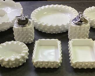 FENTON HOBNAIL MILK GLASS TABLE LIGHTERS & ASHTRAY GROUP