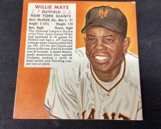 1952 WILLIE MAYS RED MAN CHEW TOBACCO CARD, NO TAB, ROOKIE YEAR FOR WILLIE MAYS