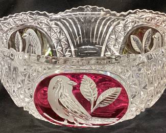 GERMAN CRYSTAL HOFBAUER RUBY BYRDES BOWL, 7.5in W