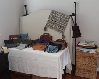 Queen headboard, frame, handbags, hamper