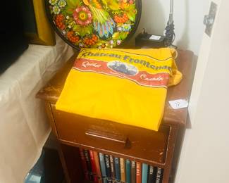 End table $15
Books $1 each shirt $5
Peacock plate $20 