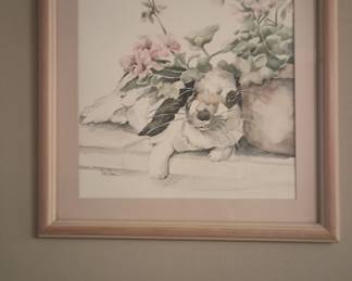 Rabbit print in wood frame.