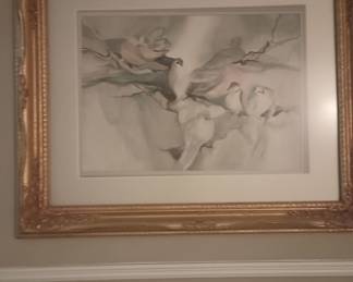 Gorgeous vintage signed print of doves. Lovely, muted colors. Gold frame.