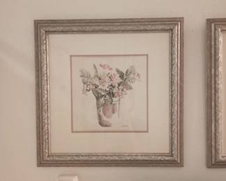 Two floral pictures. Frames are silver, but solid wood.