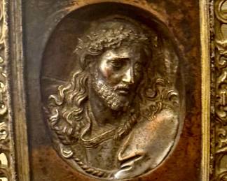 Antique bronze "Ecce Homo" artwork in bronze depicting devotional images focusing on Jesus' head or half-figure, or narrative depictions illustrating the judgment hall scene with Pilate and other figures