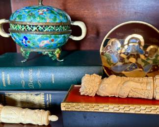 Fantastic antique cloisonné and bone handled box along with Asian antiques 