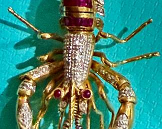 14K Ruby & Diamond Brooch … Lobster Design circa 1980s