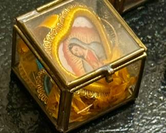 Antique Our Lady Guadalupe Virgin Small Glass Box