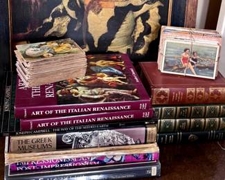 Decorator books and antique postcards