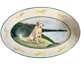 Hand-painted ceramic oval platter featuring a Golden Labrador Retriever