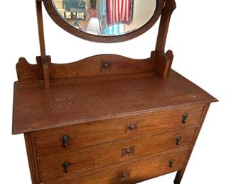 Antique Oak Dressing Table With Oval Mirror