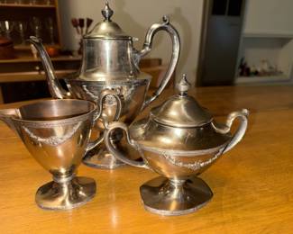 Silver plate tea pot and sugar and creamer