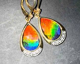 18K faceted ammolite earrings with diamond accents