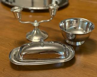 Silver plate butter dish, sterling candle holder