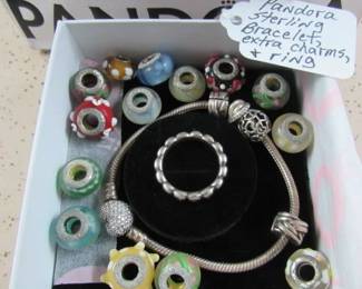Pandora Sterling Bracelet, Extra Charms, & Ring