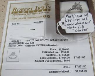 Platinum Ring w/Lab Grown Diamond - Size 7.75 - Bought in 2023 at $7,051.00