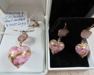 Sterling & Cloisonne Heart Necklace & Earrings