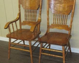 2 of 6 Oak Dining Chairs - 2 Arm Chairs & 4 Side Chairs Total