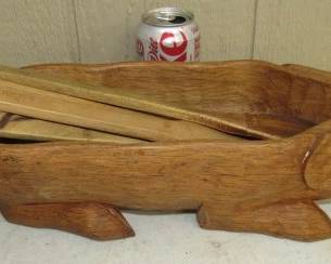 Wooden Pig Bowl & Wood Utensils 