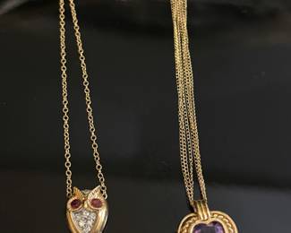 Gorgeous gold owl, and amethyst pendant necklaces