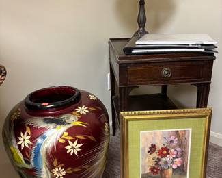 1970s pottery, leaded, glass lamp, antique table