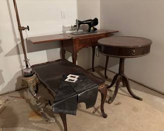 Antique sewing machine in desk, antique end tables