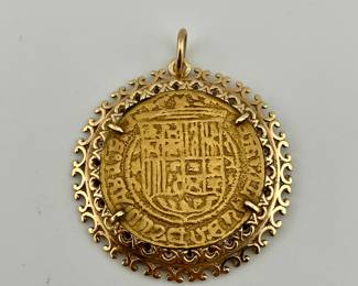 Gold Spanish coin set in 14K gold pendant
