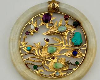 Chinese white jade pendant with gold cutwork swan and duck. Opals, jade, rubies, emerald, sapphire, and turquoise stones