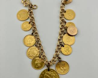 14K gold charm bracelet with solid gold coins dating from mid to late 1800's