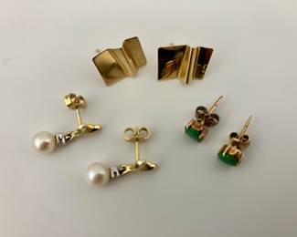 14K gold modernist earrings, 14K pearl and diamond earrings, 14K emerald earrings